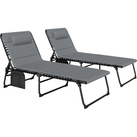 Set aus 2 klappbaren Gartenliegen mit Kopfstütze, höhenverstellbarer Rückenlehne (5 Positionen), Seitentasche, dunkelgrau