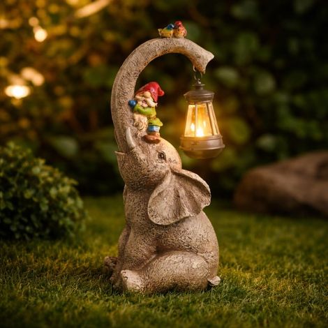 Solar Elephant Garden Ornament with Lantern Resin Garden Statue Solar Garden Ornament Light Outdoor Animal Garden Décor