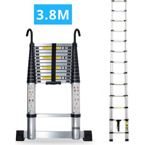 Echelle télescopique aluminium 13 marches H 3,8M avec crochets démontables et barre stabilisatrice - SECURY-T