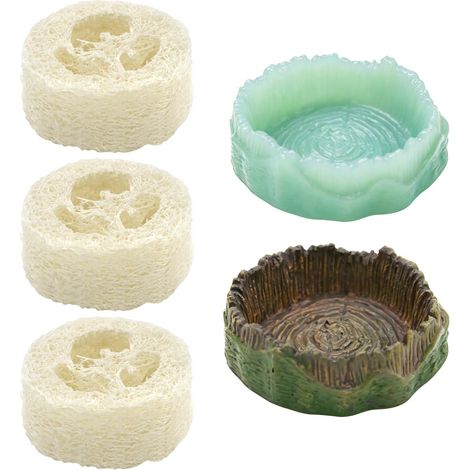 Lot de 2 x 5 Pièces Coupe d'Eau pour Reptile avec Loofa, Habitat pour Terrarium, Abreuvoir et Décoration Bac Vivarium Animal (1/5)