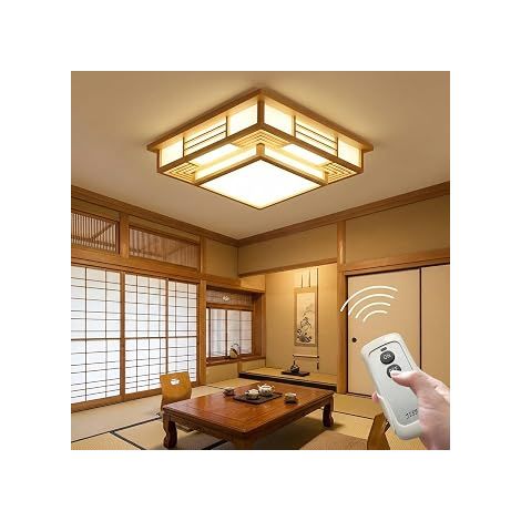 Plafonnier LED en bois japonais - 3 couleurs à intensité variable - Pour chambre à coucher et salon - En PVC imitation peau de mouton - Abat-jour avec télécommande - 24 W (1/5)