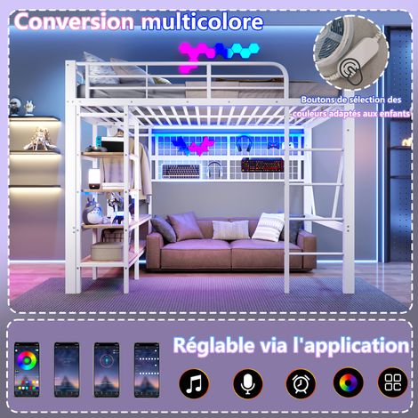 Lit mezzanine 140x200 cm fer blanc,rangements,filet suspension,porte-linge,espace ouvert,LED intégrée,design industriel,sans matelas