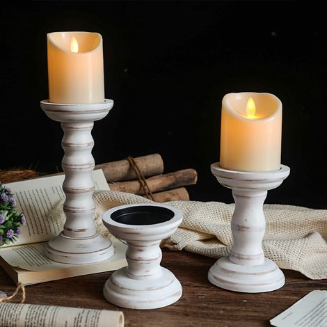 Lot de 3 bougeoirs en forme de colonne en matériau naturel – bougeoirs rustiques blancs (1/5)