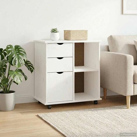 Meuble de Rangement sur Roulettes en Bois Massif de Pin, Blanc, 63.5 x 39 x 65.5 cm, Armoire Mobile avec Portes pour Cuisine, Salle de Bain ou Bureau (1/5)
