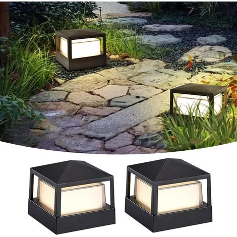 Lot de 2 lampes de poteau d'extérieur pour clôture, terrasse, allée, pilier, éclairage paysager, économie d'énergie, antirouille, lampe de pilier carrée pour clôture, garde-corps, porte, porche (1/5)