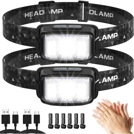 2 Lampes frontales Super LED, rechargeables USB, 2000 lumens avec détecteur de mouvement, 16 modes, étanche légère, pour extérieur [Classification énergétique A+++] (1/5)