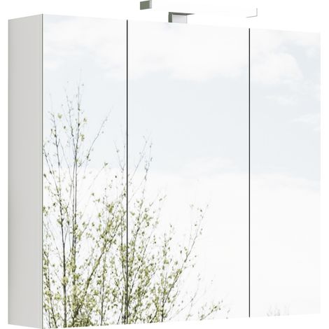 Armario espejo de baño 80 cm blanco, 3 puertas, LED, enchufe francés, baldas ajustables (1/5)