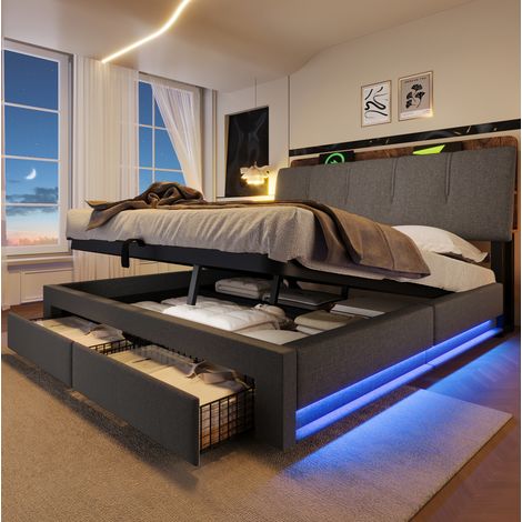 letto contenitore 140x200 USB LED lino grigio OKMYHOME (1/5)