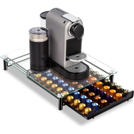 Tiroir de Rangement pour 60 Capsules Nespresso, Porte Dosette de Café avec Présentoir en Verre, Présentoir Distributeur Tiroir en Maille de Plateau Stockage pour Nespresso (1/5)