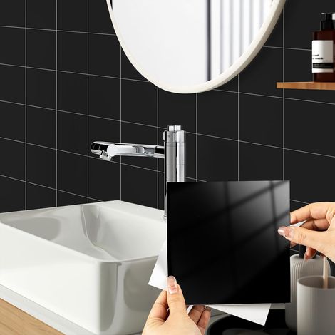 Adhesive pour Cuisine Carrelage Adhesif Mural Décoratif  15x15cm Carreaux Adhesif Salle de Bain Noir Stickers Autocollant Carrelage Cuisine Bain Placard 24 Pieces (1/5)