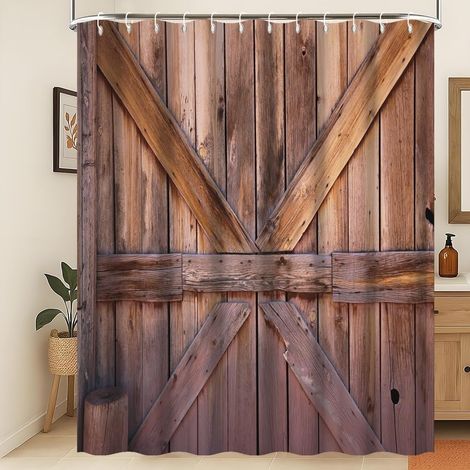 Rideau de Douche Rustique Rideau de Salle de Bain avec Porte de Grange en Bois Ferme Rustique en Planches de Bois Brunes Imperméable à l'eau Rideau de Baignoire Lavable 120x180cm (1/5)