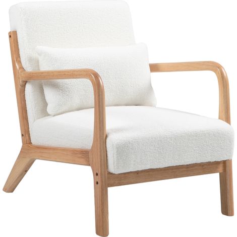 Lounge-Sessel mit 3 Kissen, tiefer Sitzfläche, Armlehnen, Gestell aus Gummibaumholz mit cremefarbenem Samtbezug