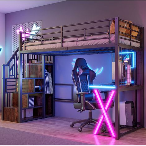 Hochbett modern Metall Schwarz 90x200 cm mit Schreibtisch, Kleiderschrank, Ablageleiter und LED-Licht
