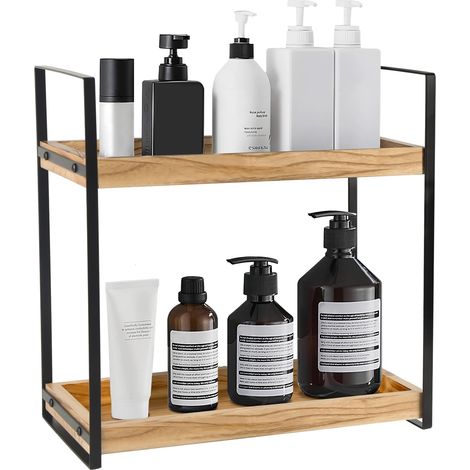 Étagère de salle de bain sur pied, en bois, résistante à l'humidité, avec structure en métal, étagère à épices multifonctionnelle, organisateur de bureau pour cuisine, marron (1/5)