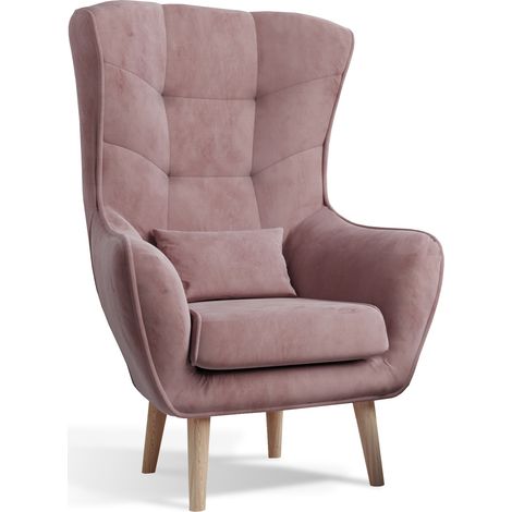 Fauteuil bergère velours rose capitonné Lazza 80cm (1/5)