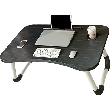 Table d'ordinateur portable pliante noire, table de lit pliante avec porte-gobelet, idéale pour les étudiants en résidence universitaire ou les enfants, rayures noires et dorées. (1/5)