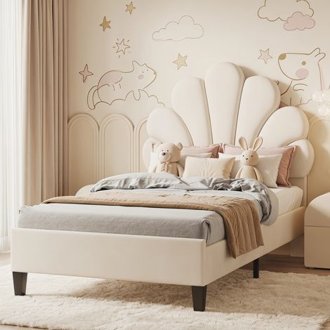 Lit enfant 90x200 cm,Lit princesse,lit simple avec sommier à lattes,tête de lit pétale réglable en hauteur,velours,beige