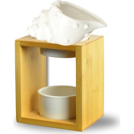 Zen'Arôme Brûle Parfum Shell - Brûleur Fondant Cire Parfumée - Diffuseur Huile Essentielle et d’Ambiance Bougeoir Aromathérapie Porte Bougie Céramique Décoratif Hauteur: 12 cm Zen’Arôme Blanc + Bois (1/5)