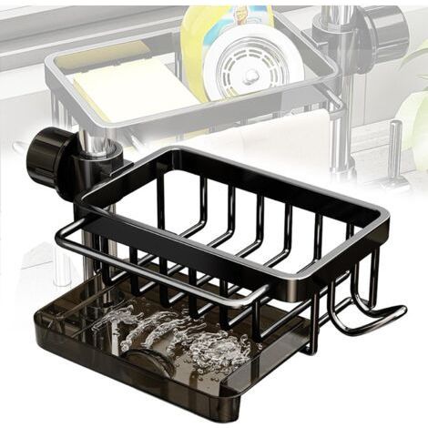 Noir, Support d'éponge de robinet de cuisine, Support de vidange de robinet suspendu Organisateur d'évier avec bac d'égouttage Amovible Supports de Rangement pour évier pour Salle de Bain/Cui (1/5)