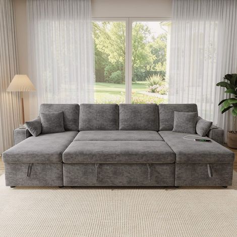 Canapé d'angle en U 270 x 125 x 86 cm convertible lit double méridienne avec coffres USB-C porte-gobelets chenille gris salon chic