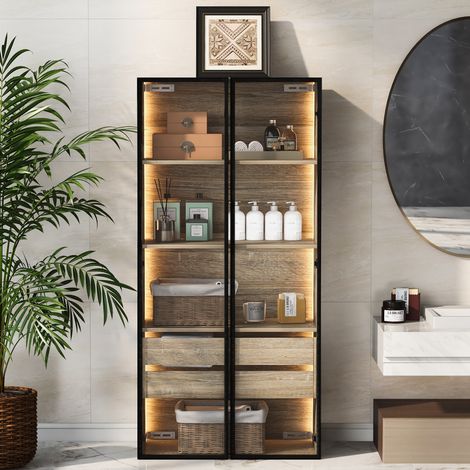 Meuble colonne salle de bain 74x36x155 cm en MDF naturel avec rangement et LED FloraGrace (1/5)