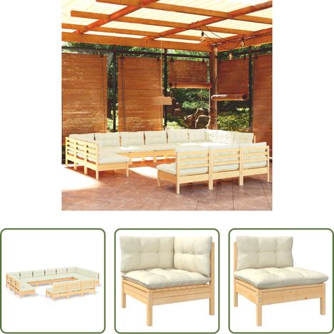 Terrassensofa -  13-tlg. Garten-Lounge-Set mit Creme Kissen Massivholz Kiefer (1/5)