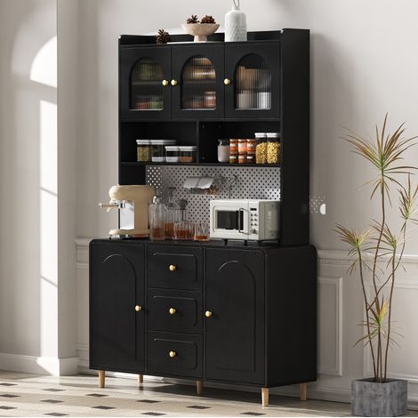 Meuble de rangement haut noir avec panneau perforé, tiroirs et pieds en bois (1/5)