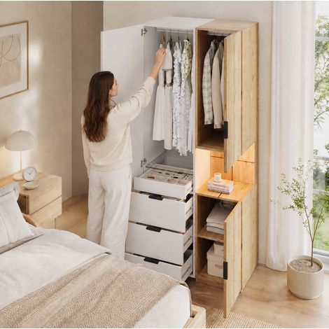 Armoire-penderie avec éclairage LED, 90 x 49 x 200 cm, 2 tringles, 4 tiroirs dont 1 à bijoux avec couvercle en verre, meuble blanc et bois pour chambre – CHICFURN (1/5)
