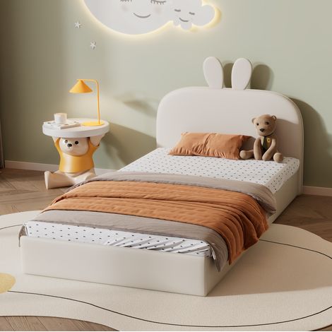 Kinderbett 90x200 cm mit Kaninchen-Kopfteil, Samt Beige, Einzelbett mit 12 Holzlatten (1/5)