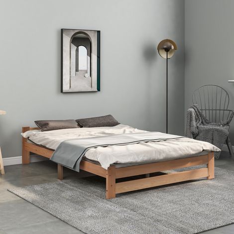 Cama futón de madera maciza 140x200 cm, pino natural, con cabecero, estructura estable (1/5)