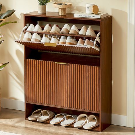 Meuble à chaussures en noyer avec portes abattantes et tiroir ouvert, 80x24x102 cm (1/5)