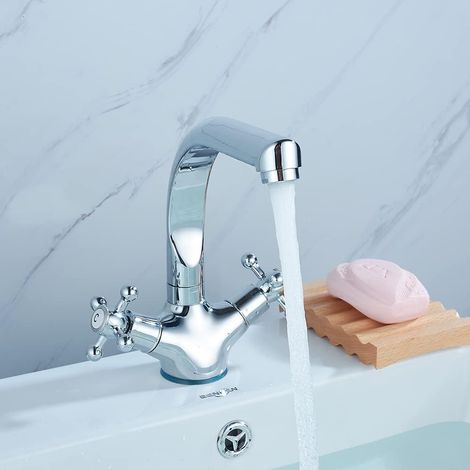 Robinet de lavabo à double levier chromé argenté - Deux poignées - Rétro - Robinet de lavabo - Robinet de lavabo rétro - Robinet de lavabo - Robinet de salle de bain - Noyau en laiton chromé (1/5)