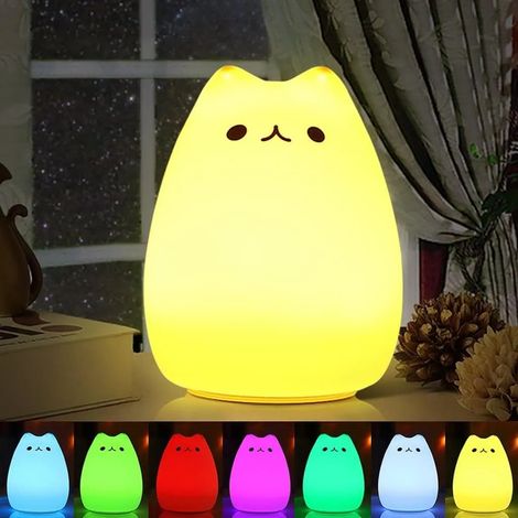 Luz nocturna LED con diseño de gato - con función de ahorro de energía - linda lámpara de noche para niños que cambia de color - luz de noche con función de repetición en blanco