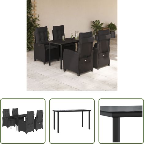 Gartentisch - 5-tlg. Garten-Essgruppe mit Kissen Schwarz Poly Rattan (1/5)