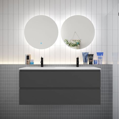 Meuble de salle de bain à 4 tiroirs avec lavabo et miroir rond multifonctionnel LED2 - anthracite L.120cm suspendu (1/5)