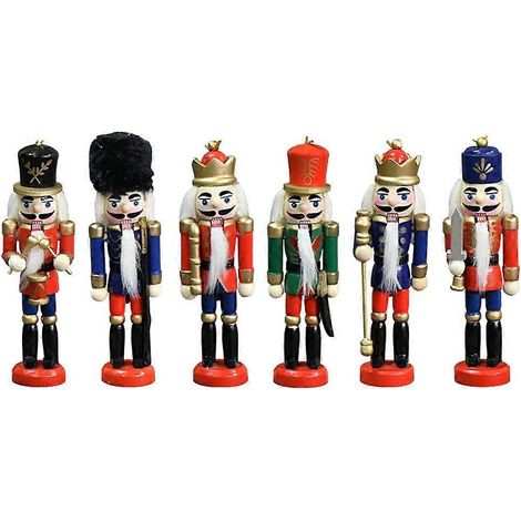 Lot de 6 casse-noisettes de Noël en bois, figurines de soldats, ornements de bureau pour les fêtes de Noël.-13x4cm
