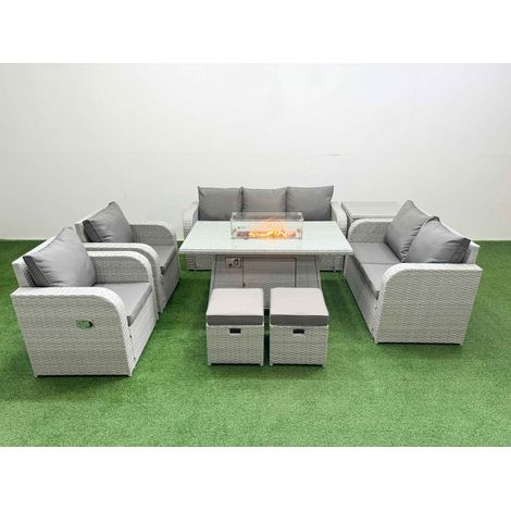 Fimous PE Rattan Garden Furniture Set Reclining Chair Sofa Double Love Seat 2 Seater Sofa Lounge Set Firepit Dining Table 2 Stools Side Table Light Grey (1/4)