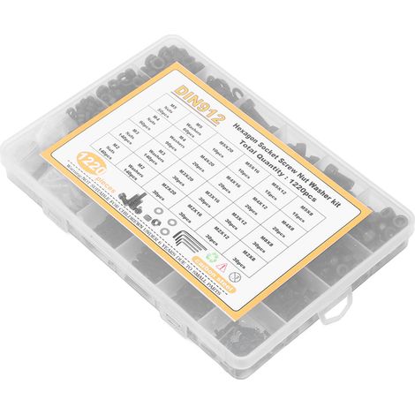 Kit de 1220 vis à six pans creux avec écrous et rondelles assortis, en acier au carbone, tailles M2, M3, M4 et M5, noir. (1/5)