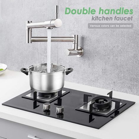 Grifo de cocina de un solo orificio con dos manijas, giratorio 360 grados, para fregadero, con agua fría, acabado trefilado (55 cm) (1/5)