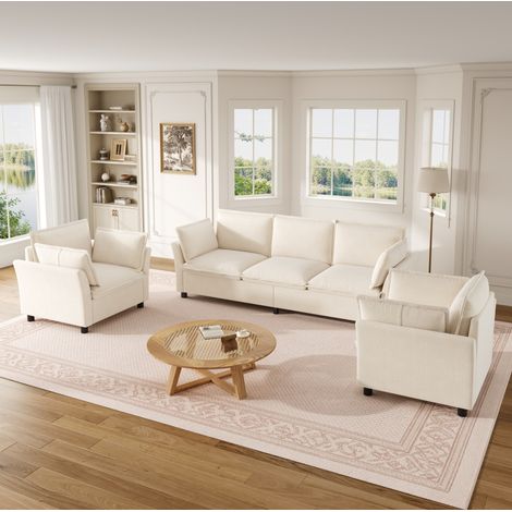 Canapé modulable 3+1+1 en tissu beige, 3 places + 2 fauteuils, confort moelleux, salon, chambre ou bureau, avec coussins d’accoudoir et dossier - CHICFURN (1/5)