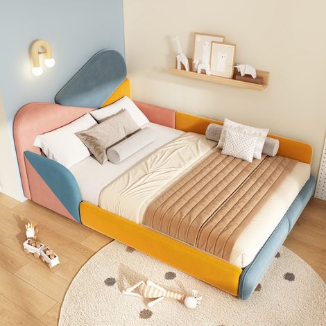 Lit 140x200 cm - Lit double enfant 140x200 - Lit rembourré bas barrière sécurité tête de lit velours - Bleu Multicolore (1/5)