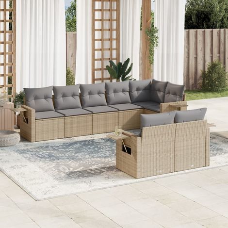 Ensemble Salon Jardin 8 Places Résine Tressée Beige avec Coussins Gris Modulaire (1/5)