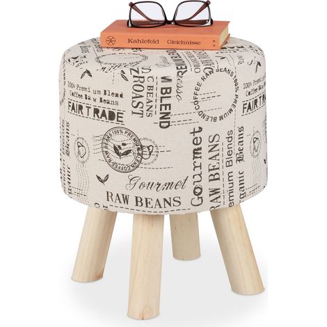 Relaxdays Sitzhocker, Stoffbezug, Holzbeine, gepolstert, runder Hocker, Wohnzimmer, Kaffee-Motiv, HxD: 38 x 32 cm, creme