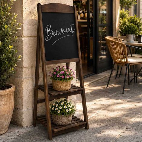 Pizarra publicitaria de madera marrón con dos estantes para bares y restaurantes, altura de 112 cm