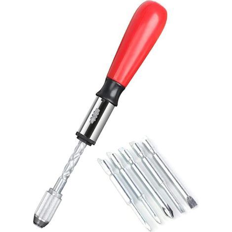 Tournevis en Spirale, Tournevis à cliquet Push Pull, Jeu de Tournevis à cliquet Push Pull 6 en 1 Type de Presse Semi-Automatique (Rouge) (1/5)