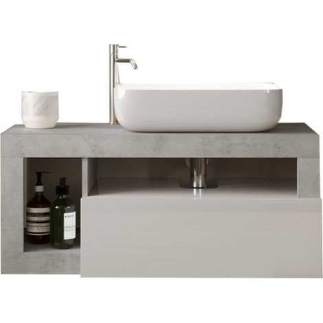 Wandhängendes Badezimmermöbel mit einem Waschbecken und 1 Schublade, Länge 92cm, Kollektion BURA. Farbe glänzend Weiß und Beton