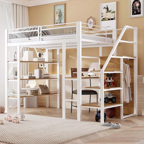 Lit mezzanine 140/200 cm blanc en métal avec bureau, armoire et escalier de rangement (1/5)