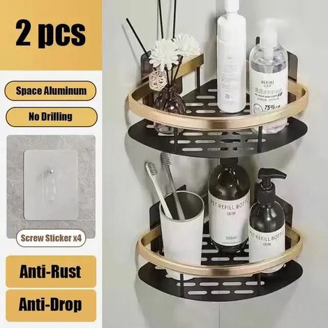 (Triangle d'or, lot de 2) Étagère de salle de bain murale sans perçage pour flacons de shampoing, étagère d'angle pour douche et toilettes, accessoires de salle de bain et de cuisine en aluminium (1/5)
