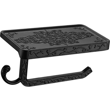 Lot porte-rouleau en aluminium vintage avec rangement pour téléphone et étagère, pour papier toilette et essuie-tout, salle de bain, noir (1/5)