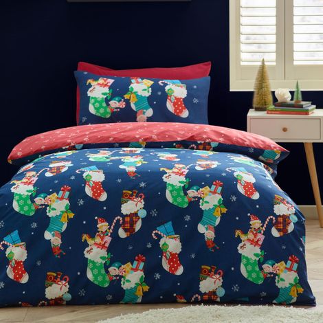 Parure de lit avec Housse de Couette et taie d'oreiller en Coton Majoritaire Motif Elfes de Noël Bleu Marine (1/5)